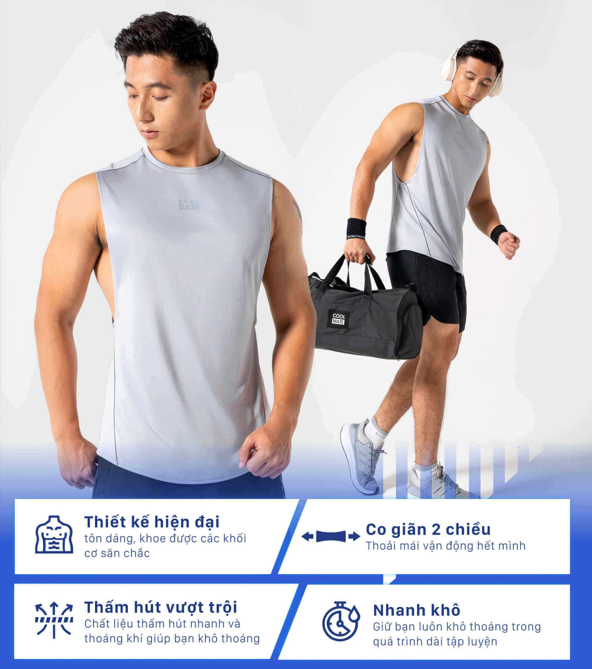 Tổng thể set đồ gym Drop Arm Coolmate với các tính năng co giãn, thấm hút, nhanh khô