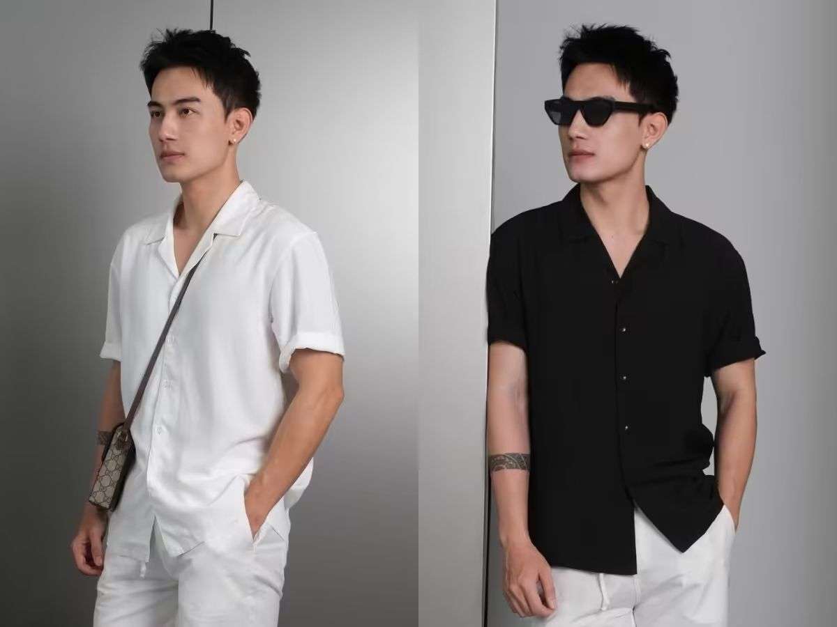 Sơ mi cổ vát có lá cổ vát xéo mạnh về phía sau, tạo vẻ hiện đại và độc đáo