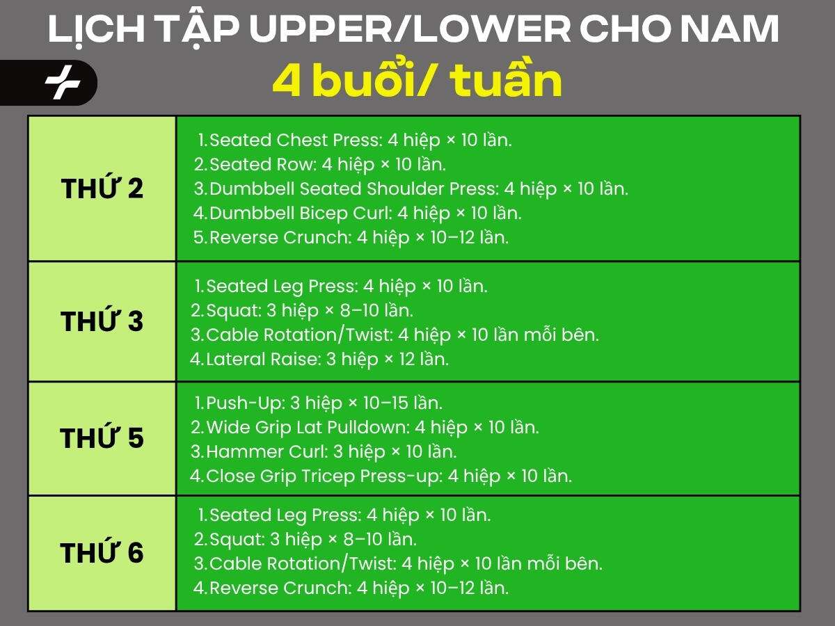 Lịch tập Upper/Lower cho nam 4 buổi/tuần