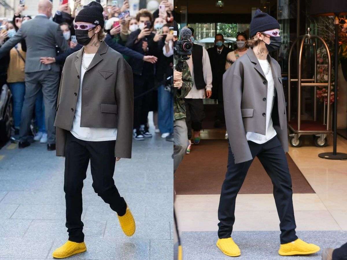 Justin khiến giới mộ điệu phải xuýt xoa với chiếc áo blazer form dáng boxy phối cùng quần trouser dáng ôm và một đôi slip-on vàng nổi bần bật
