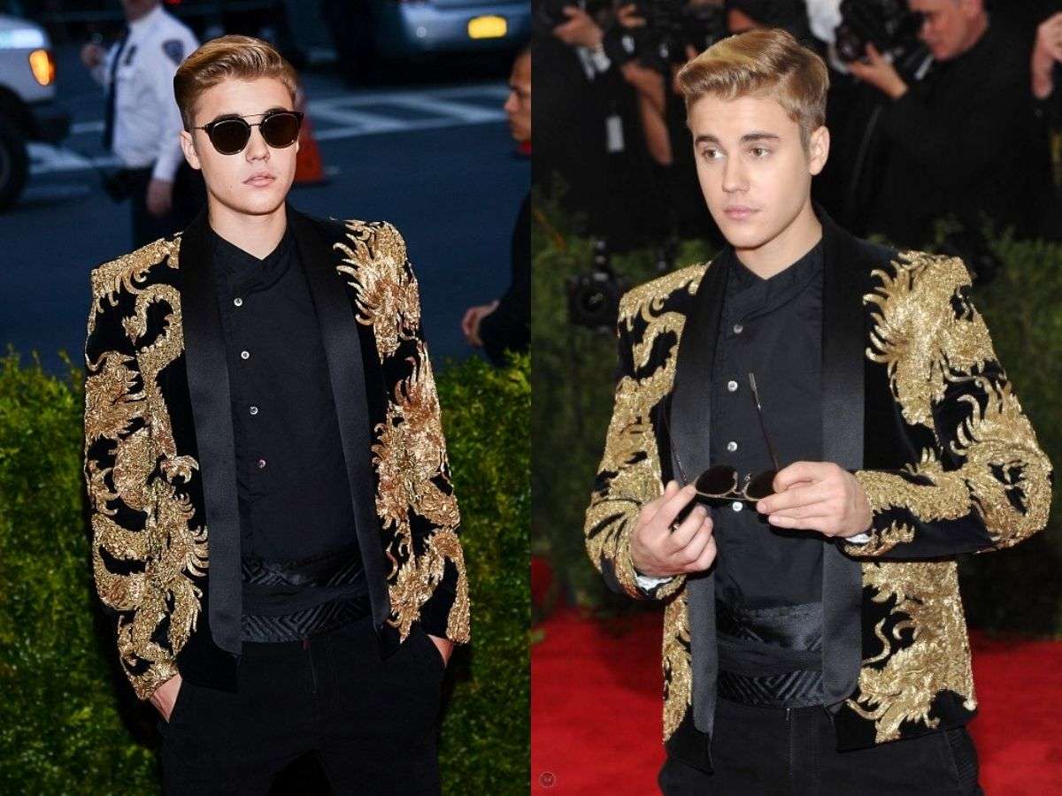  Trên thảm đỏ MET Gala 2015, Justin Bieber đã thực sự tỏa sáng với bộ suit thêu rồng lấp lánh bóng bẩy