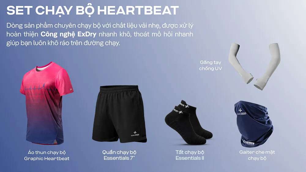 Toàn bộ Set chạy bộ Heartbeat gồm áo thun, quần short, tất, gaiter và găng tay chống UV