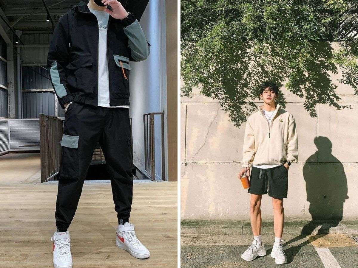 Anh em có thể kết hợp áo khoác gió với quần jogger hoặc quần short