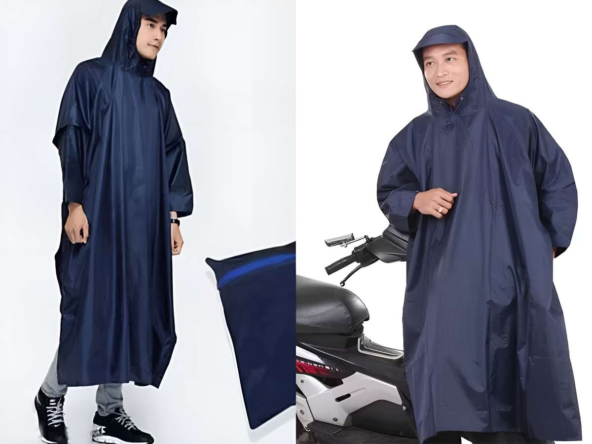 Áo mưa liền thân có kết cấu nút áo hoặc dây cột để cố định hai bên thân áo