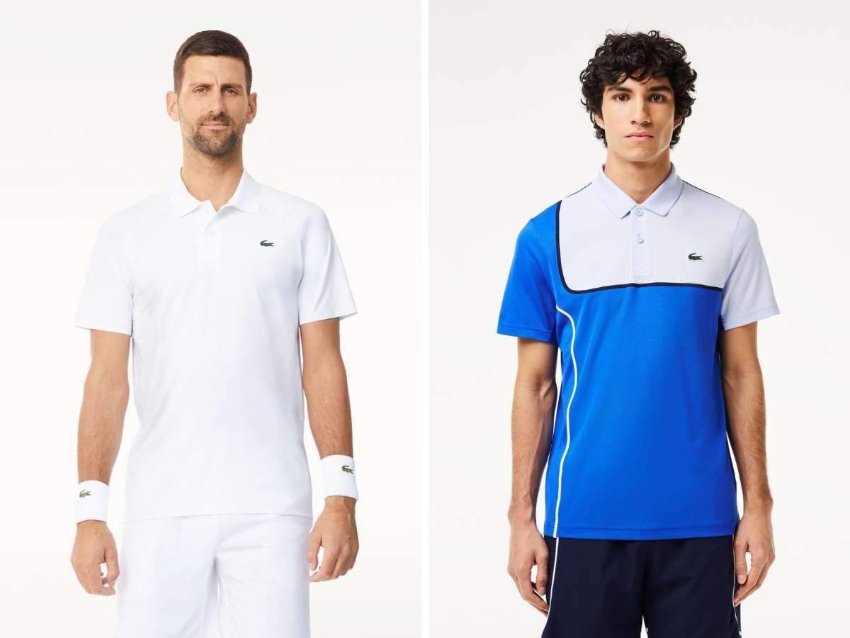 Áo polo Lacoste màu trắng cổ điển, với logo cá sấu xanh đặc trưng 