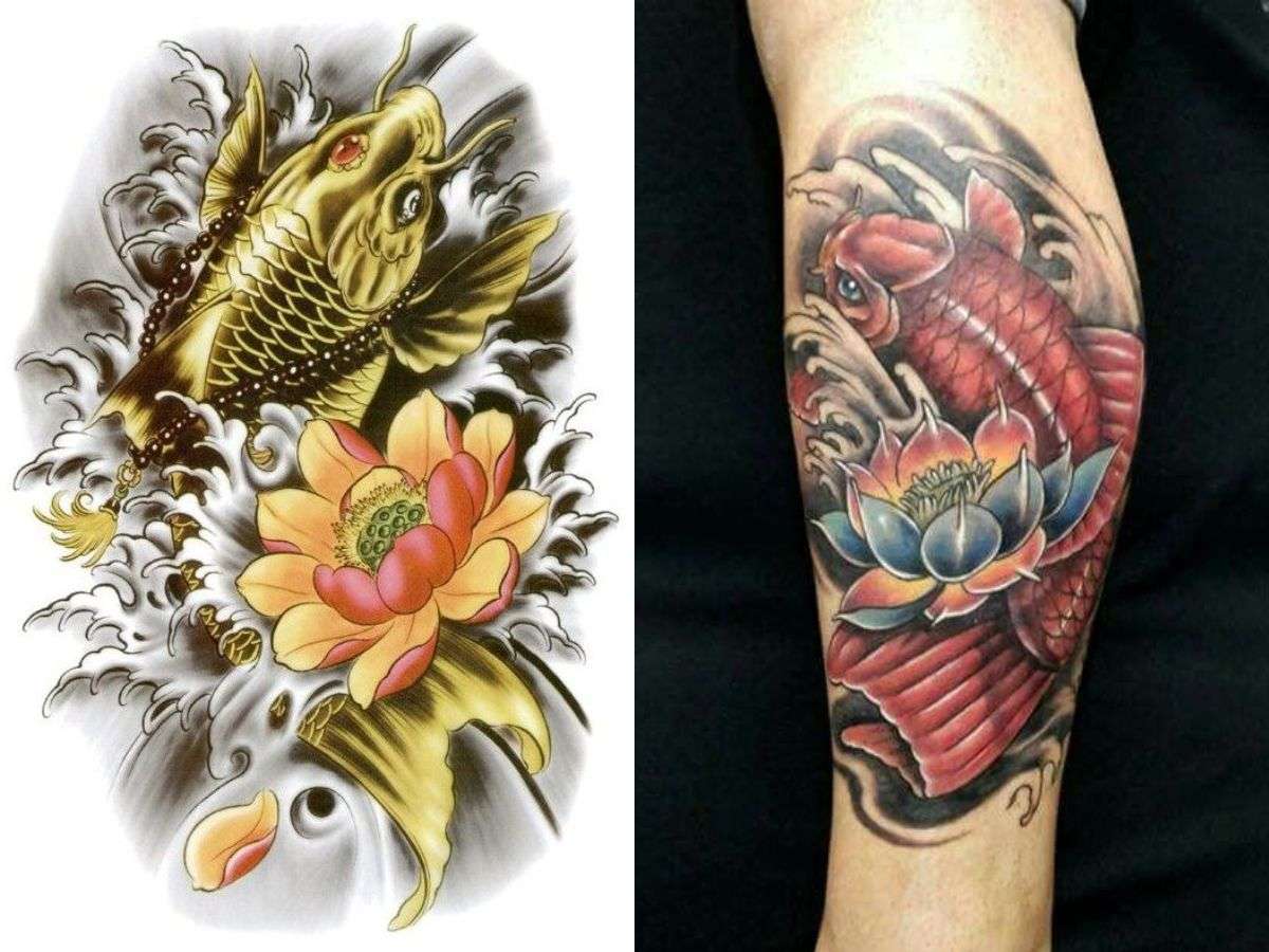 Hình xăm cá chép vờn hoa sen