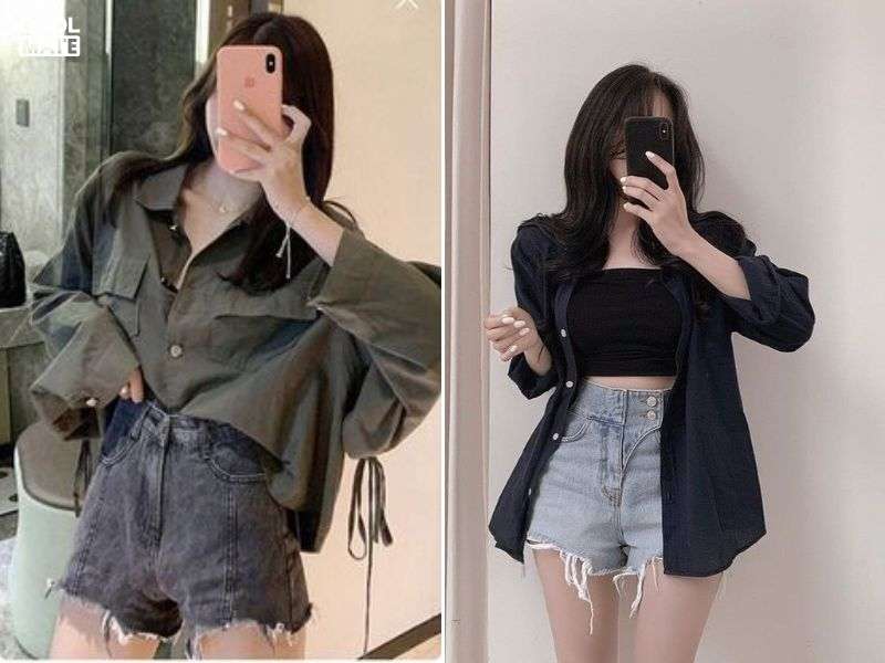 áo sơ mi oversized và quần short jeans rách