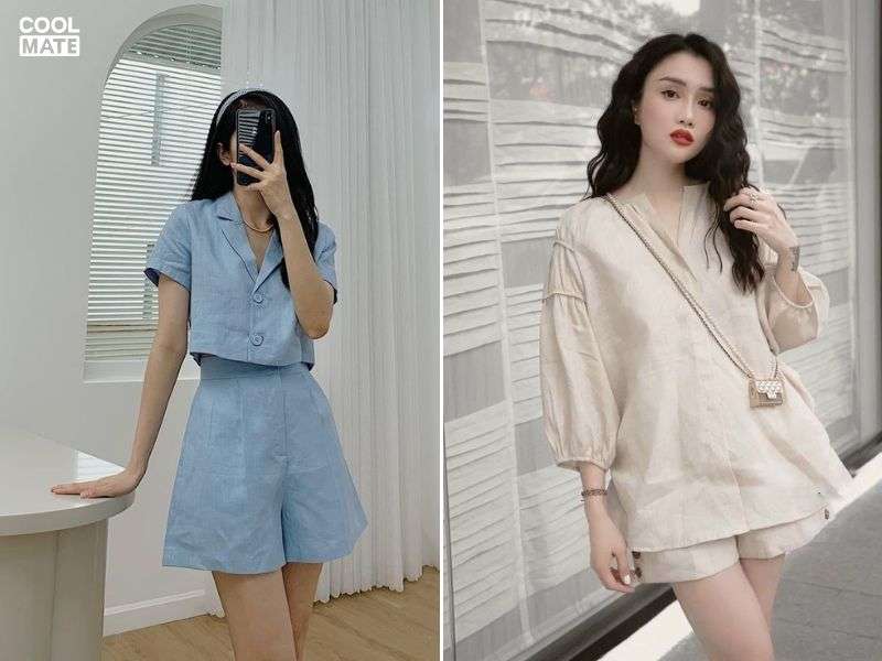 Áo sơ mi vải linen và quần short cùng màu