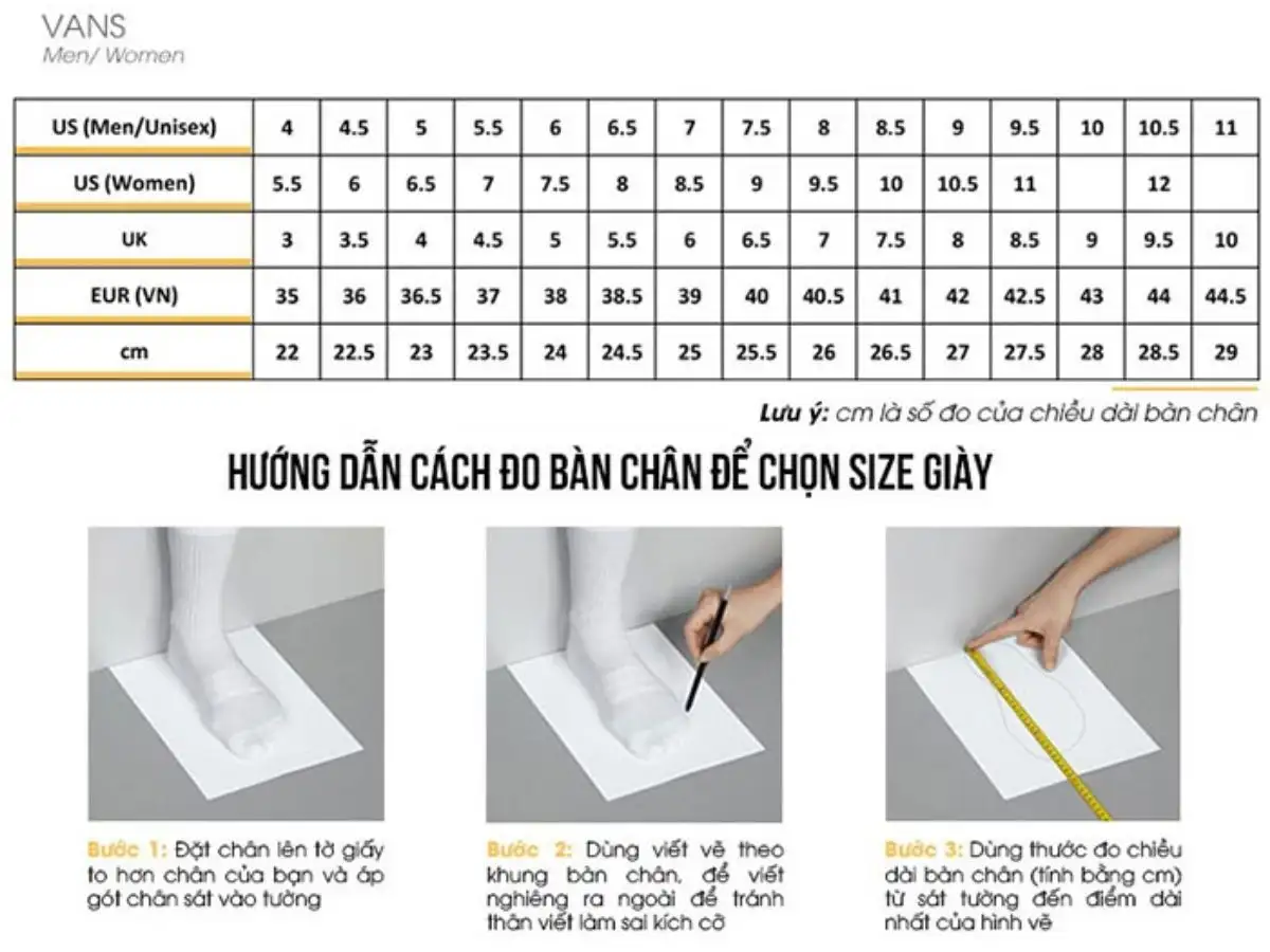 Bảng size giày Vans và hướng dẫn đo bàn chân trước khi chọn size   (Nguồn: Internet)