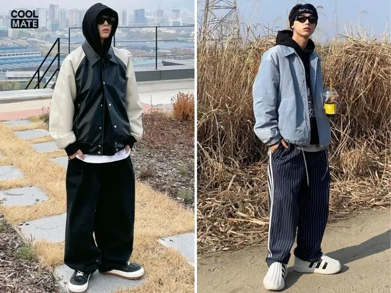 Phối áo hoodie đen với áo khoác không mũ