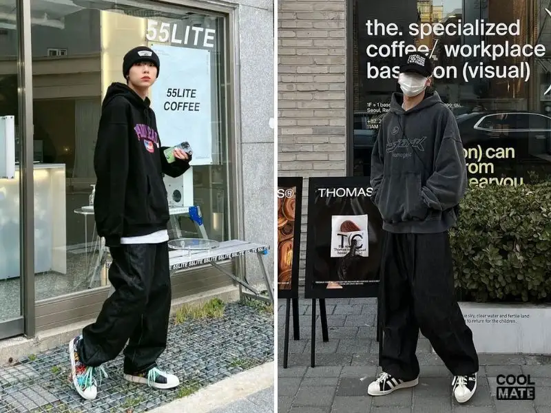 Phối áo hoodie đen với quần ống rộng