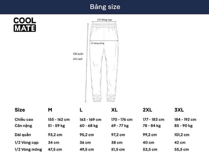 Bảng hướng dẫn chọn size quần jogger nam mặc hàng ngày Coolmate 