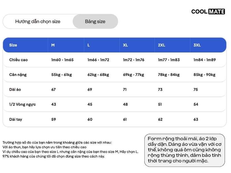 Bảng size áo khoác phao nam màu đen Coolmate