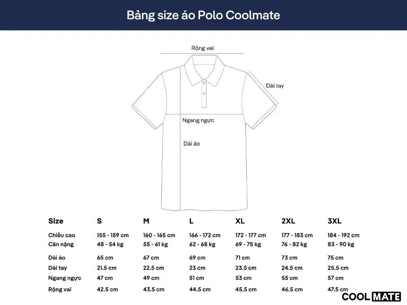 Bảng size áo Polo nam Coolmate chi tiết