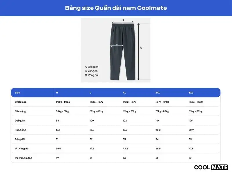 Bảng size chi tiết quần dài nam UT Pants V2