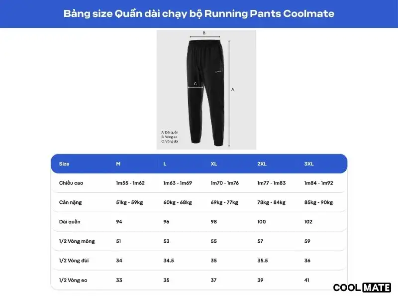 Bảng size Quần Chạy Bộ Nam Running Pants Coolmate