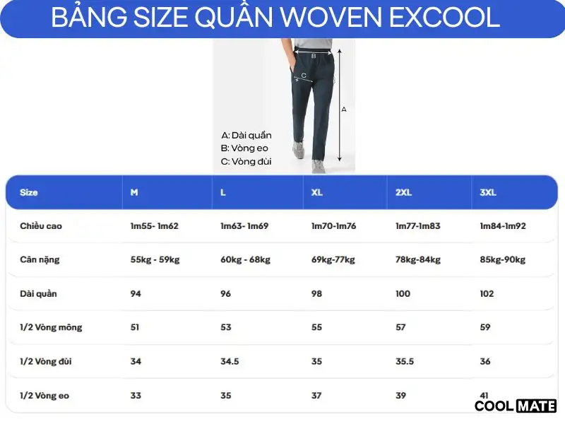 Bảng Size chi tiết Quần dài nam Woven Excool