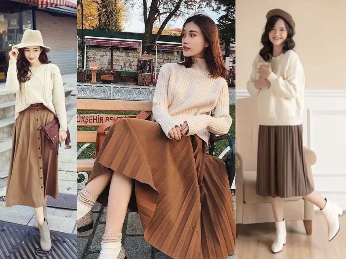 Váy midi, áo len cổ lọ và khăn choàng cho nàng vintage