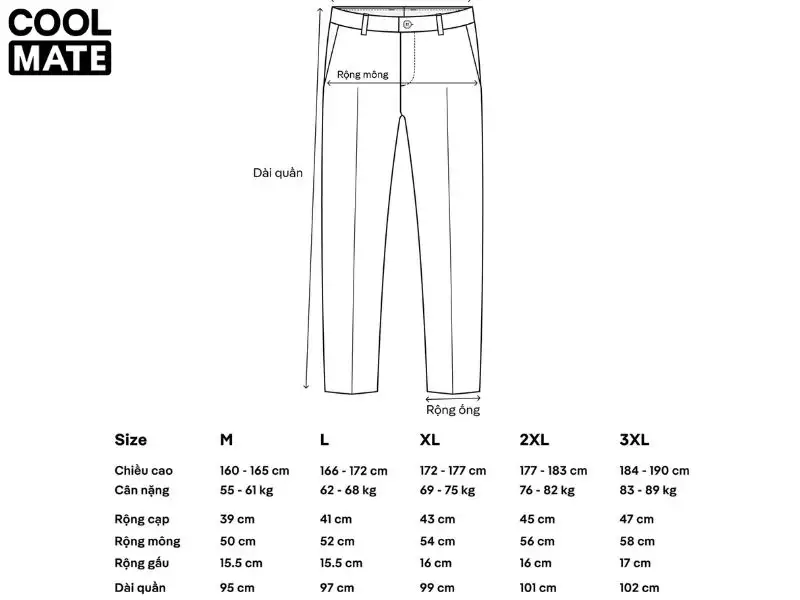 Size quần Kaki nam theo chiều cao và cân nặng