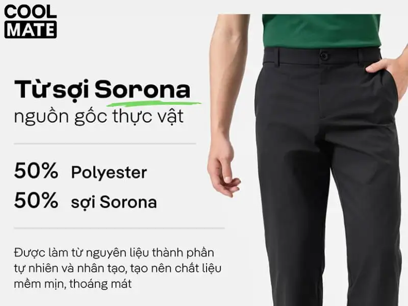 Sợi vải tự nhiên (Sorona) kết hợp nhân tạo (Polyester) của quần Kaki đen Coolmate