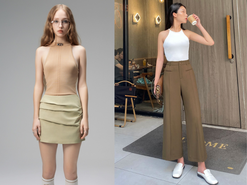 Áo tanktop cổ yếm với chân váy bút chì hoặc quần culottes phong cách