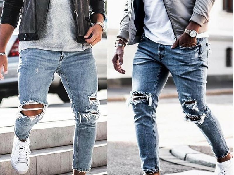 Áo khoác dù cùng quần jeans rách cá tính