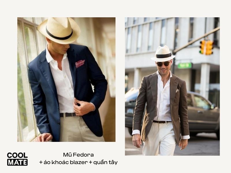 Mũ Fedora + áo khoác blazer + quần tây