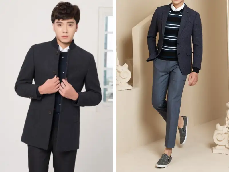 Phối áo khoác cổ đứng blazer với quần âu thanh lịch