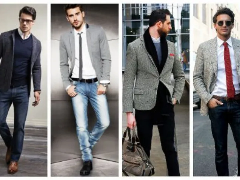 Phối áo khoác blazer cổ đứng với quần jeans, áo thun cho combo năng động