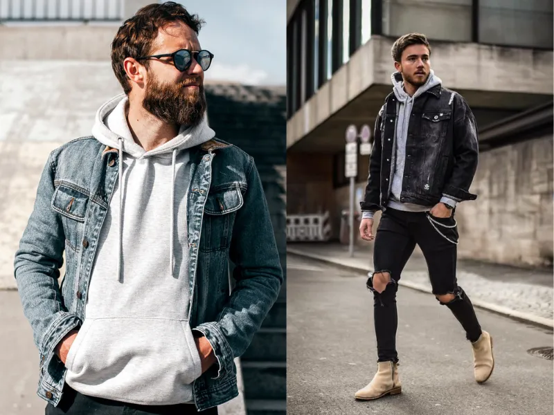 Phối áo hoodie cho người mập nam cùng áo khoác denim