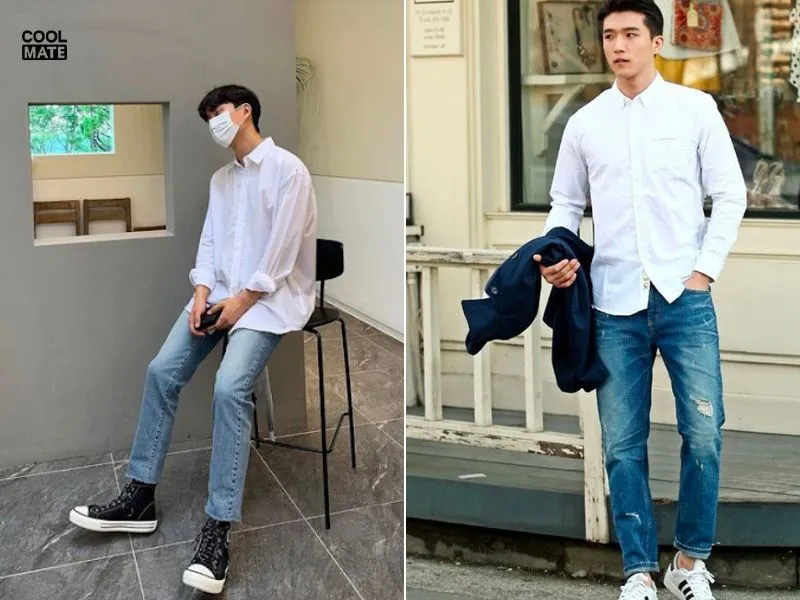 Phối đồ với áo sơ mi trắng tay ngắn nam với quần Jeans rách