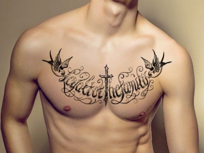Letter tattoos on men's chest are one of the ideas that many guys like