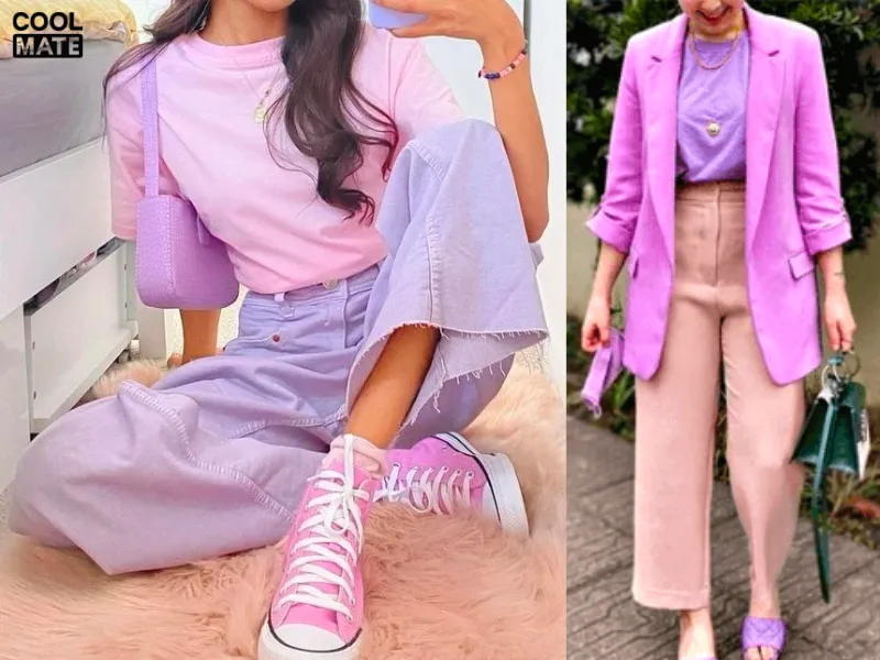 Phối đồ màu hồng pastel với màu tím