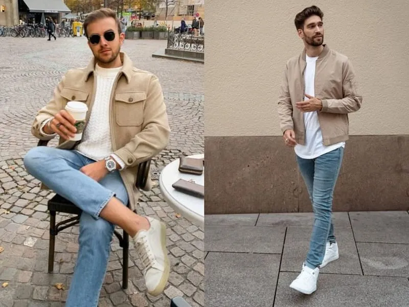 Áo khoác jacket kaki phối cùng quần jeans xanh năng động cho các chàng