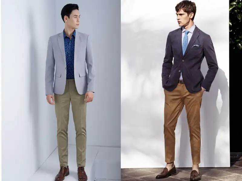 Quần màu kaki phối cùng khoác Blazer đang là outfit được nhiều chàng trai lăng xê 