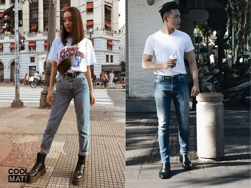 Outfit boot phối với áo phông và quần jean