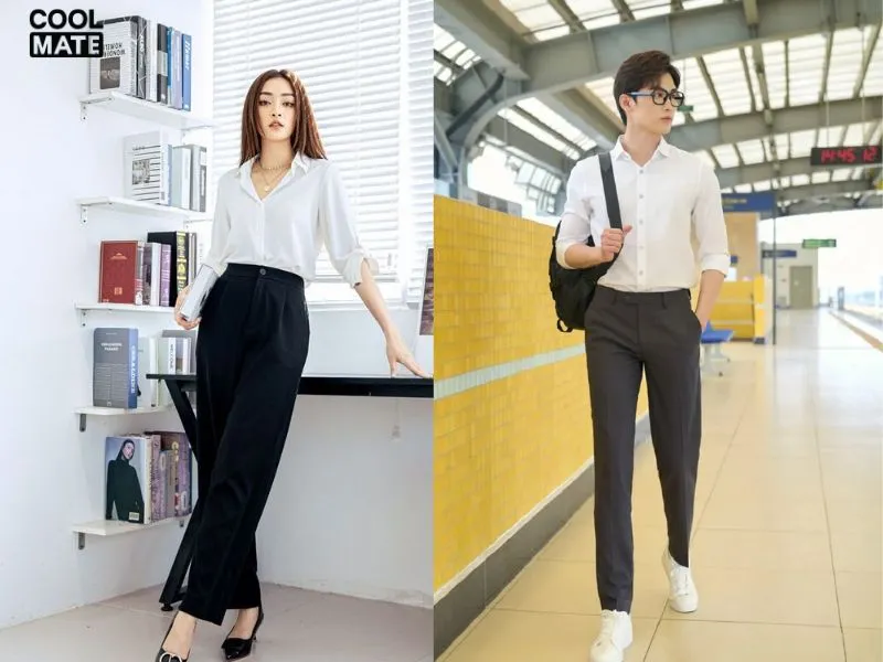 Outfit công sở cùng áo sơ mi trắng kết hợp với quần tây