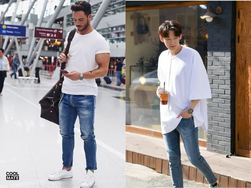 Áo thun trắng + quần jeans