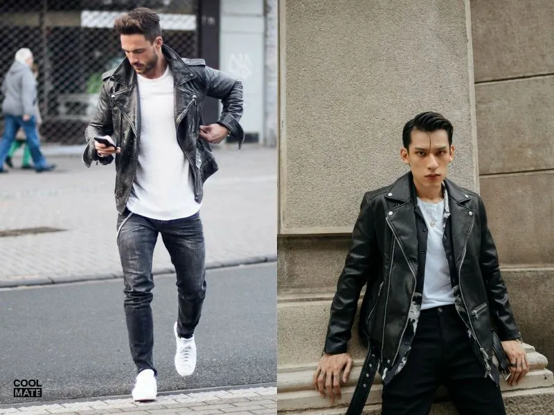 Áo thun trắng + jacket da