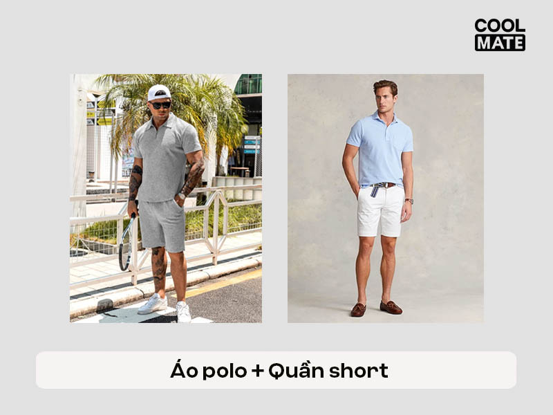 Áo polo kết hợp quần short - Set đồ đi biển nam lịch lãm mà vẫn thoải mái.