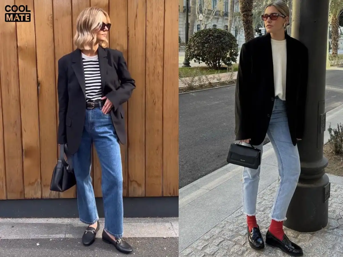 Phối quần jeans + áo thun + áo blazer + giày loafer