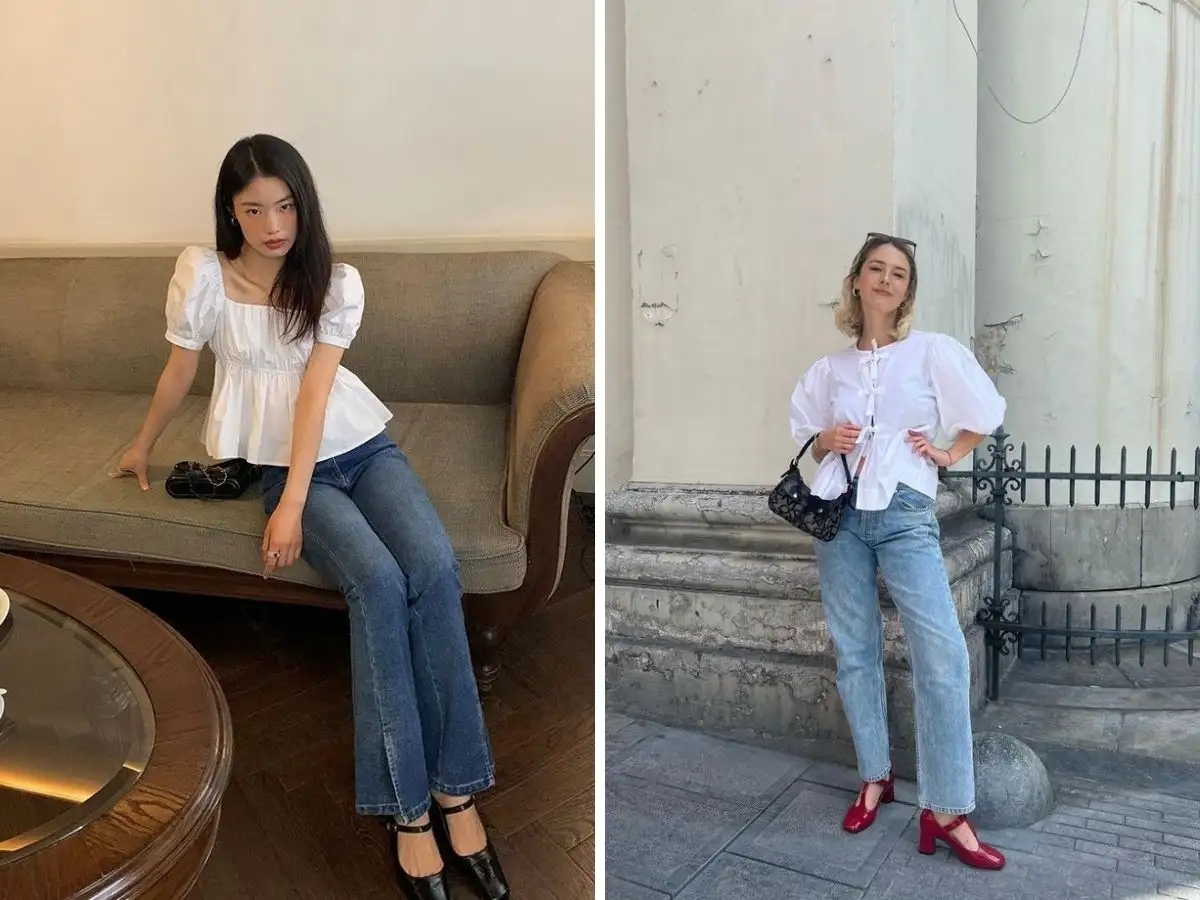 Quần jeans phối với áo peplum tạo nên vẻ nhẹ nhàng, nữ tính