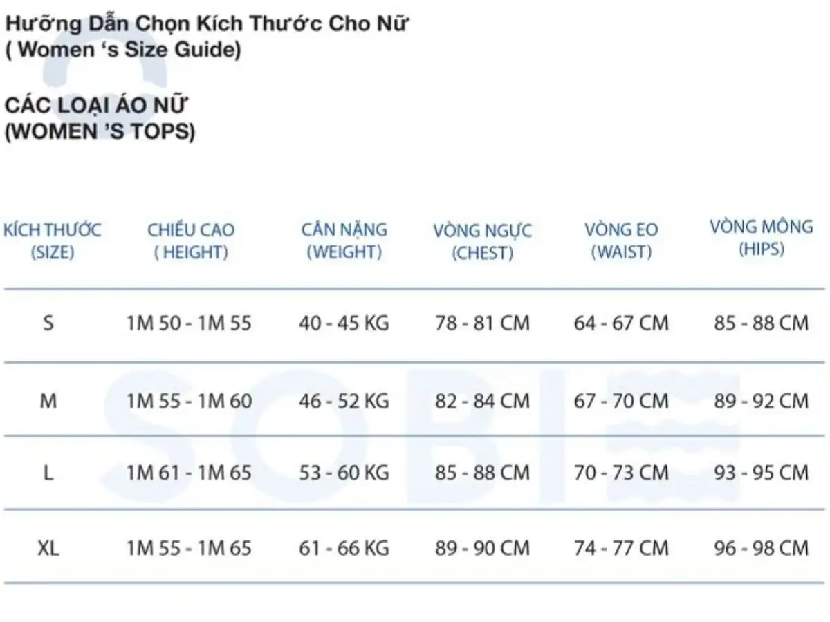 Bảng size áo bơi dài tay nữ (Nguồn: SOBIE)