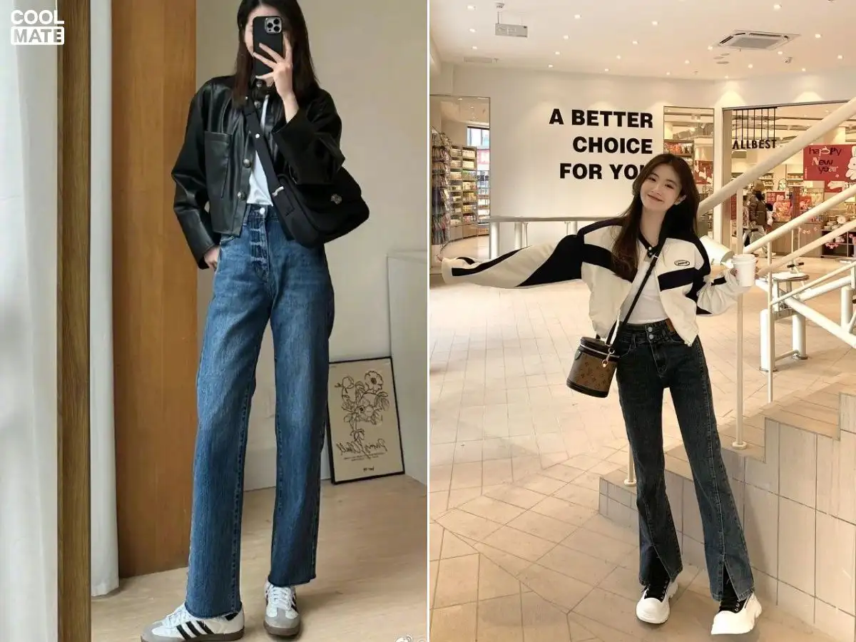 Phối đồ style Trung Quốc với áo khoác crop top và quần jeans