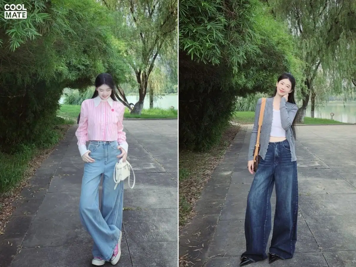 Phối đồ phong cách Trung Quốc nữ với áo sơ mi và quần jeans