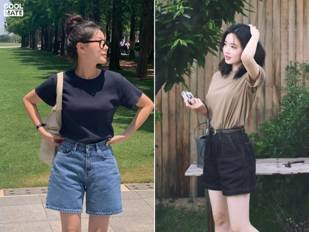 Phối quần short jean với áo thun basic