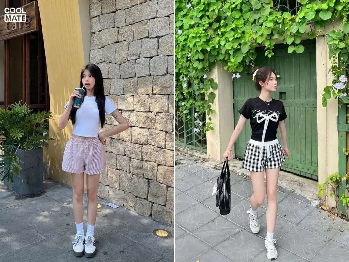 Phối quần short vải với áo thun croptop