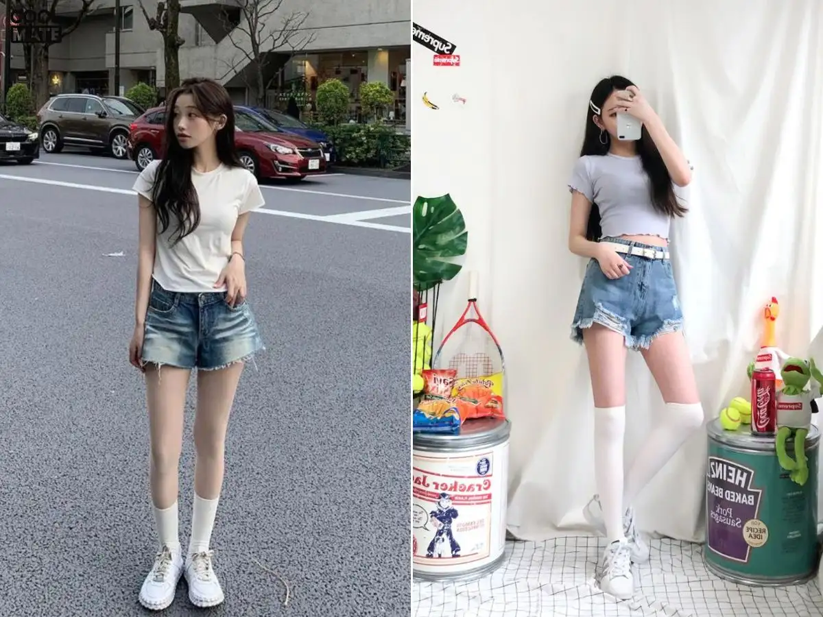 Phối quần short jean rách với áo thun 