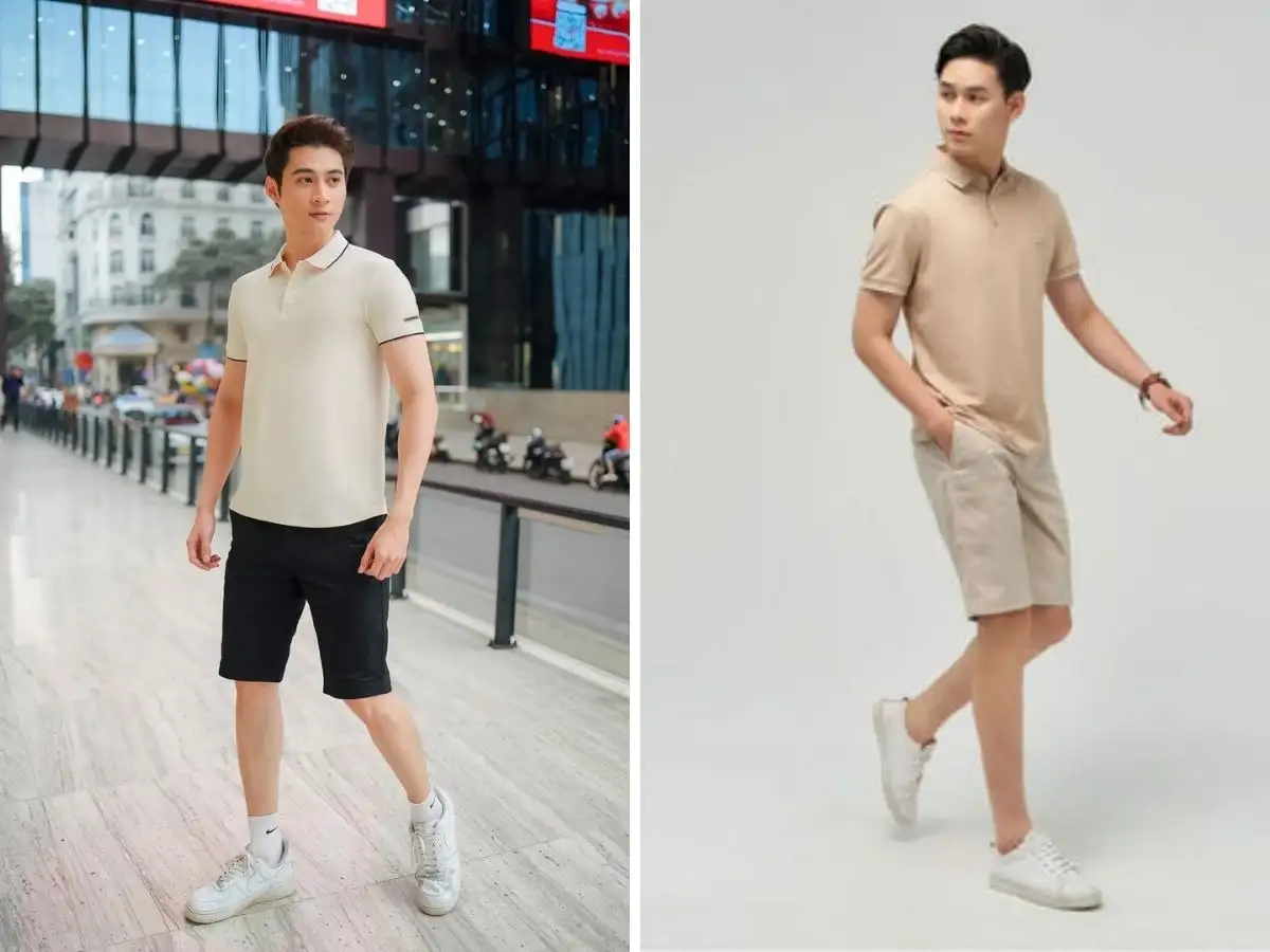 Phối đồ quần short với áo polo màu be