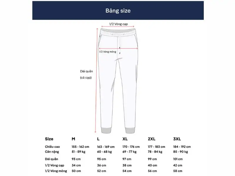 Bảng Size quần Jogger